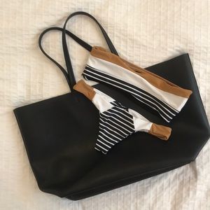 Tan white and black bandeau bikini set
